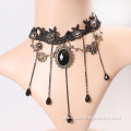 Black long tassels with alloy Flower pendant lace necklace